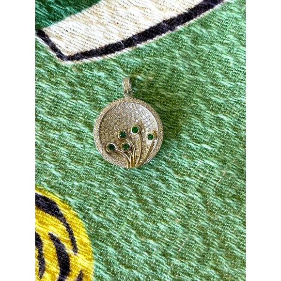 Pave CZ and Green Onyx Sterling Silver .75” Inch Circular Pendant Jewelry Store - Picture 8 of 9